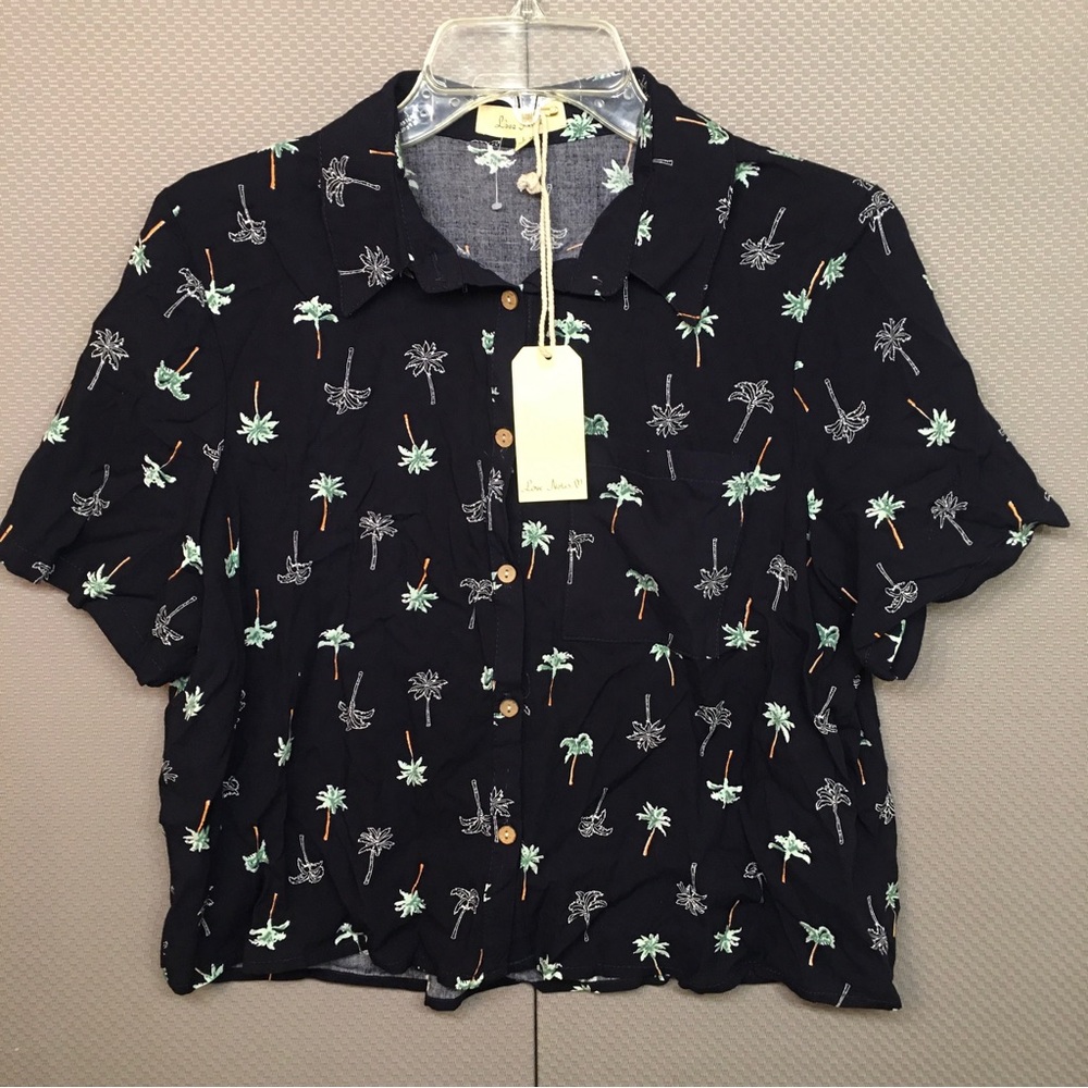 Love Notes Women’s Navy Blue Palm Tree Print Button-Front Top Cropped Size Large